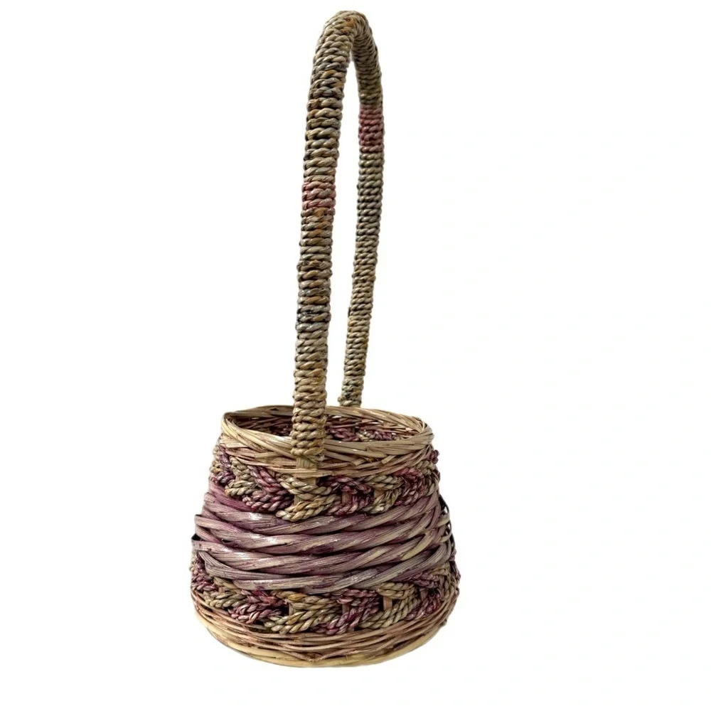 Vintage Basket Cottage House Tall Arched Handle Wicker Woven Twist Design 13x6”